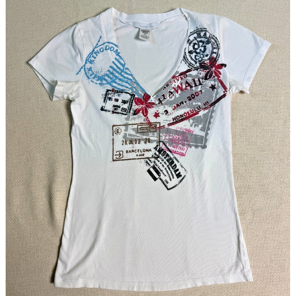 Charlotte Russe Women's Small White Hawaii Travel Graphic V-Neck T-Shirt Cotton